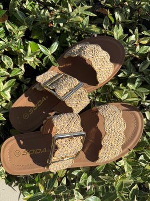 WOVEN RAFFIA DOUBLE STRAP SANDALS