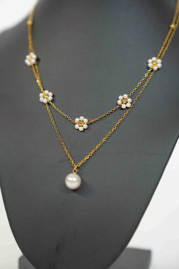 FLOWER & PEARL 2 LAYER BEADED NECKLACE