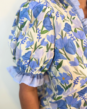 FLORAL BLUE RUFFLE BLOUSE