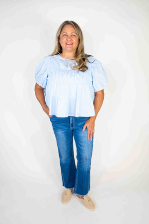 BLUE TIERED PUFF SLEEVE TOP