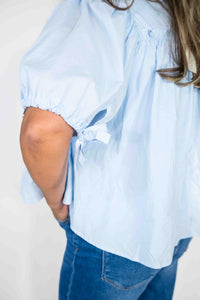 BLUE TIERED SHIRRING PUFF SLEEVE TOP