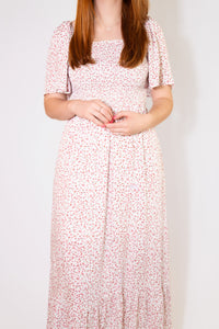 CONVERTIBLE SMOCKED OFF WHITE FLORAL MIDI DRESS