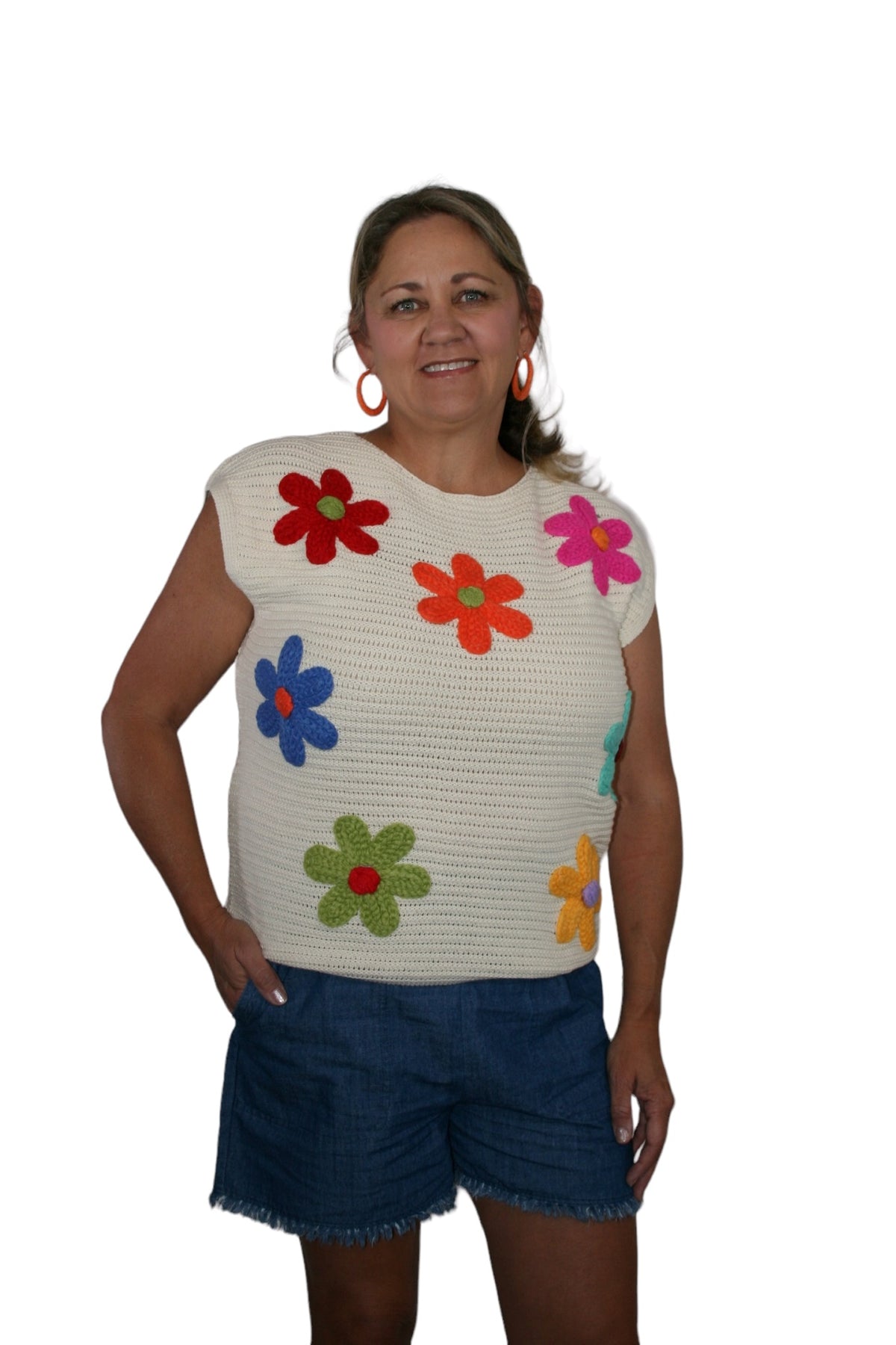 CROCHET FLOWER EMBROIDERY KNIT TOP