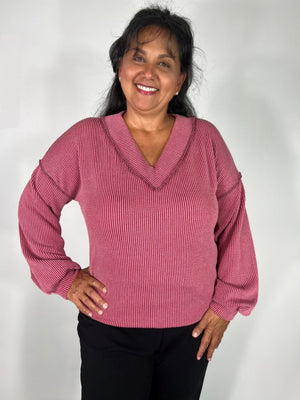 V NECK RIBBED MAUVE BLOUSE