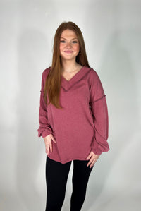 V NECK RIBBED MAUVE BLOUSE