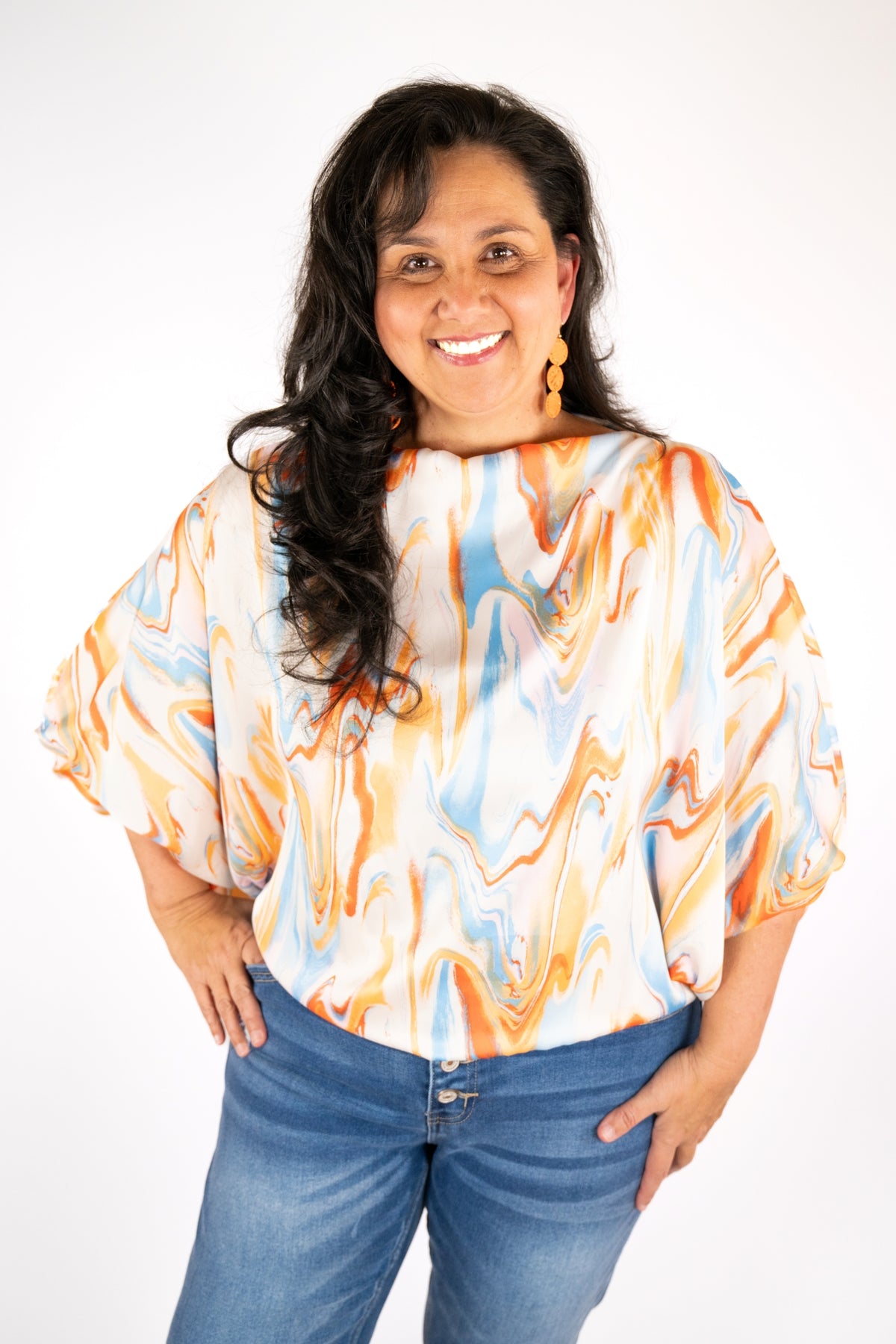 SATIN MARBLE COLOR BALLOON SLEEVE BLOUSE