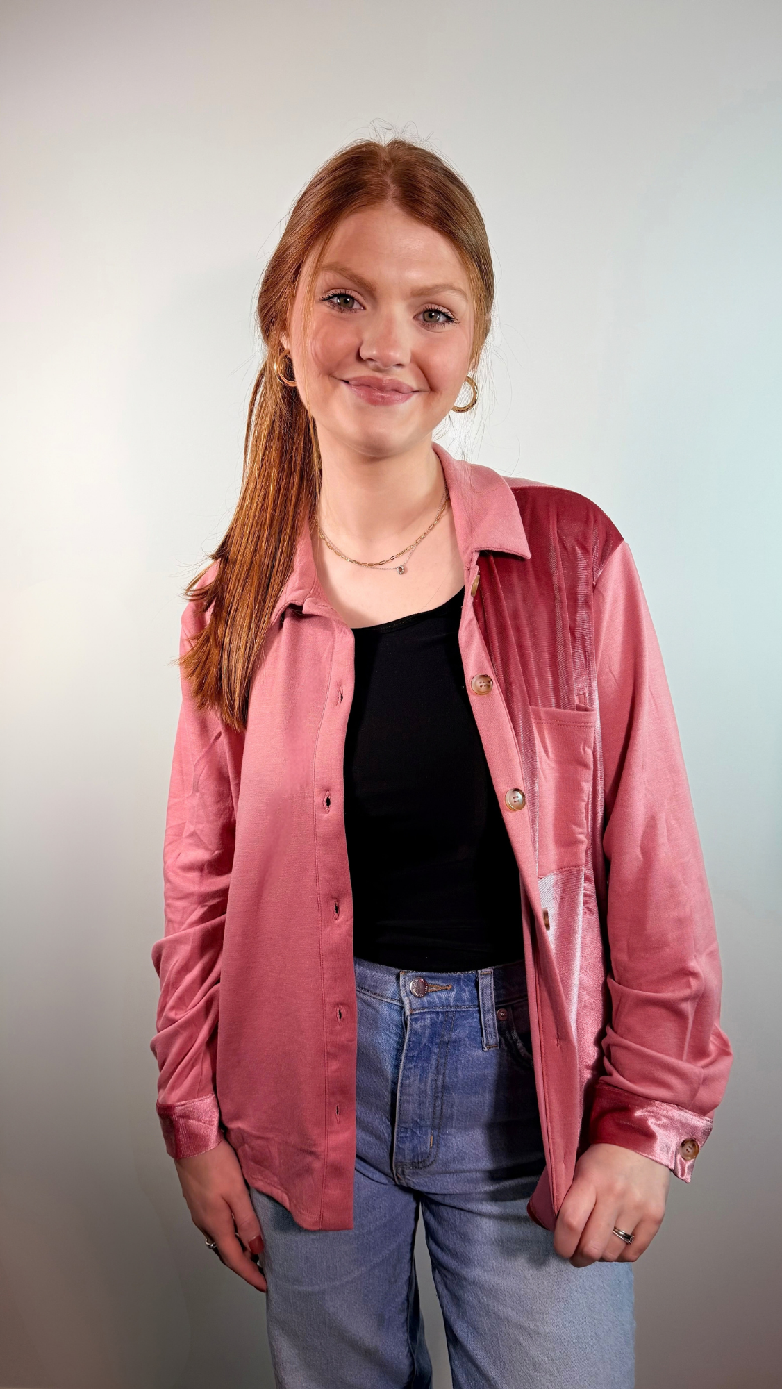 VELVET SATIN LONG SLEEVE BUTTON UP BLOUSE