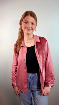 VELVET SATIN LONG SLEEVE BUTTON UP BLOUSE