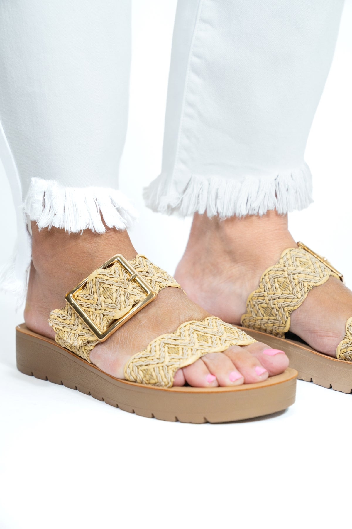 BEIGE WOVEN DOUBLE STRAP SANDALS