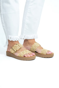 BEIGE WOVEN DOUBLE STRAP SANDALS