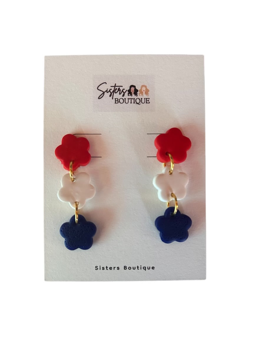 HANDMADE POLYMER CLAY RED WHITE & BLUE EARRINGS