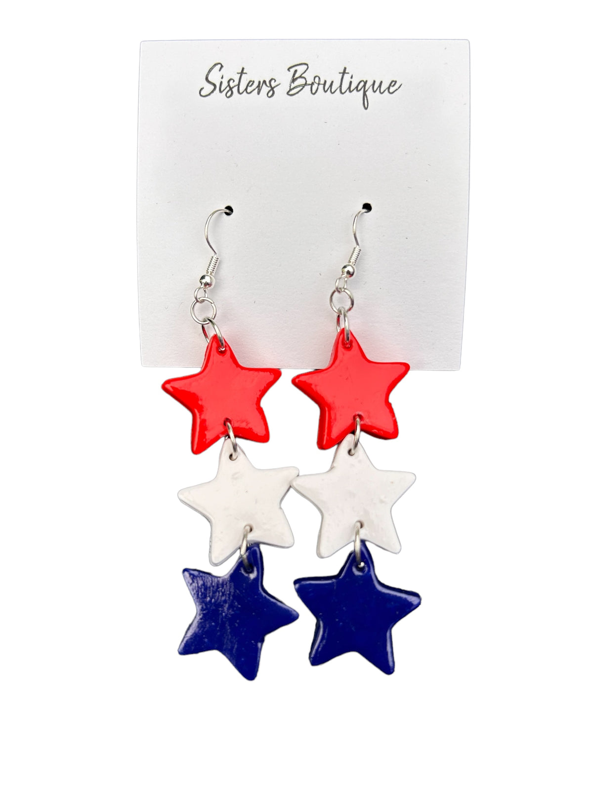 HANDMADE POLYMER CLAY RED WHITE BLUE STAR DANGLING EARRINGS