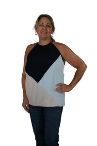 ASYMMETRICAL COLOR BLOCK WOVEN HALTER TOP