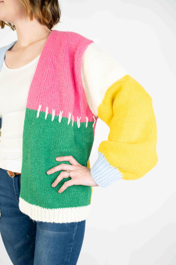 COLOR BLOCK OPEN CARDIGAN SWEATER