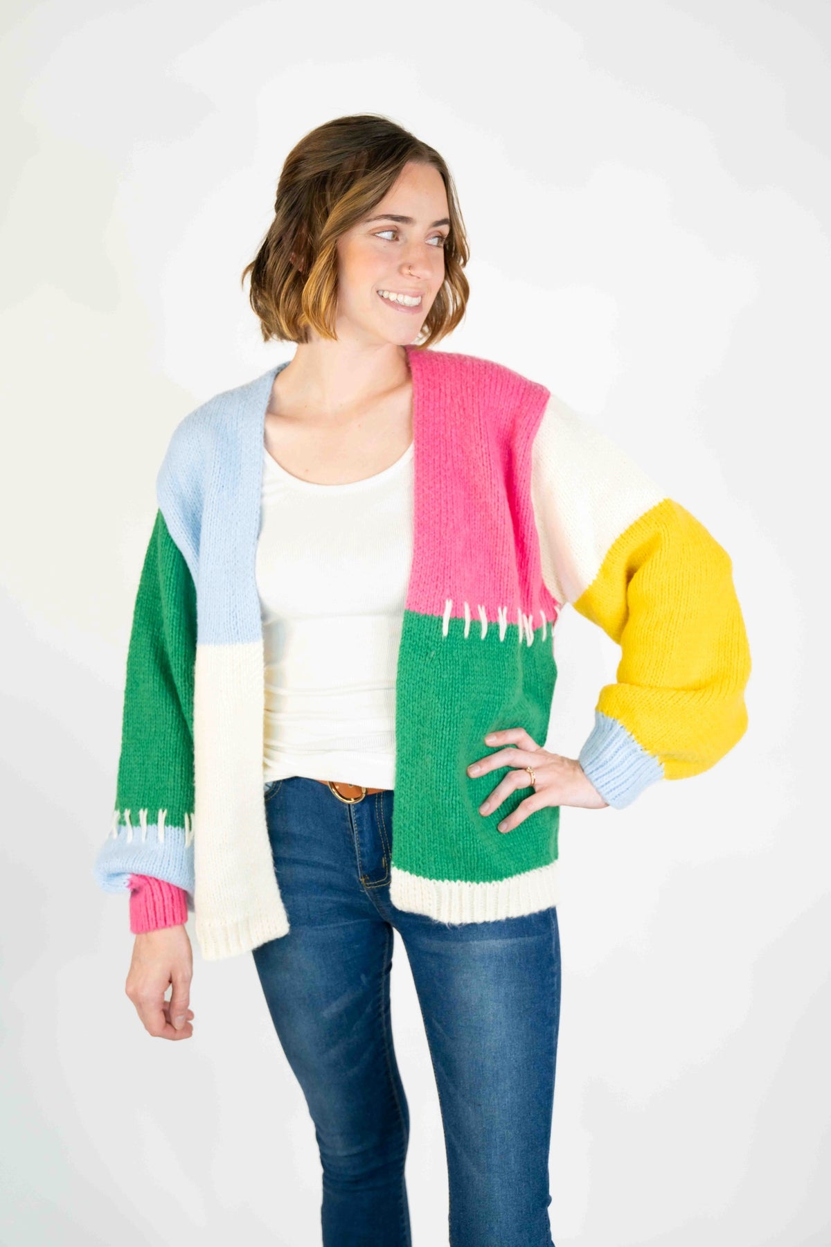 COLOR BLOCK OPEN CARDIGAN SWEATER