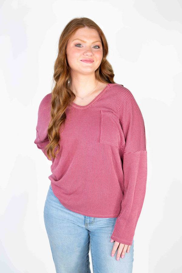MAUVE RIBBED LONG SLEEVE TOP