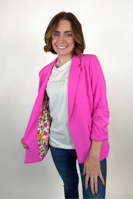 PINK SHIRRED SLEEVE BLAZER