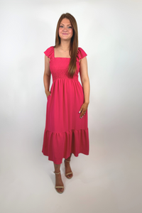 FIT & FLARE FUCHSIA RUFFLE MAXI DRESS
