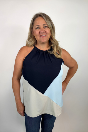 ASYMMETRICAL COLOR BLOCK WOVEN HALTER TOP
