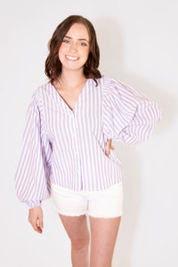 BALLOON SLEEVE V-NECK STRIPED BUTTON UP TOP