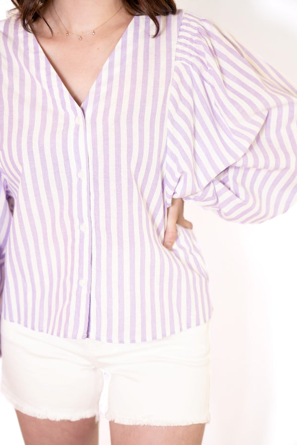 BALLOON SLEEVE V-NECK STRIPED BUTTON UP TOP