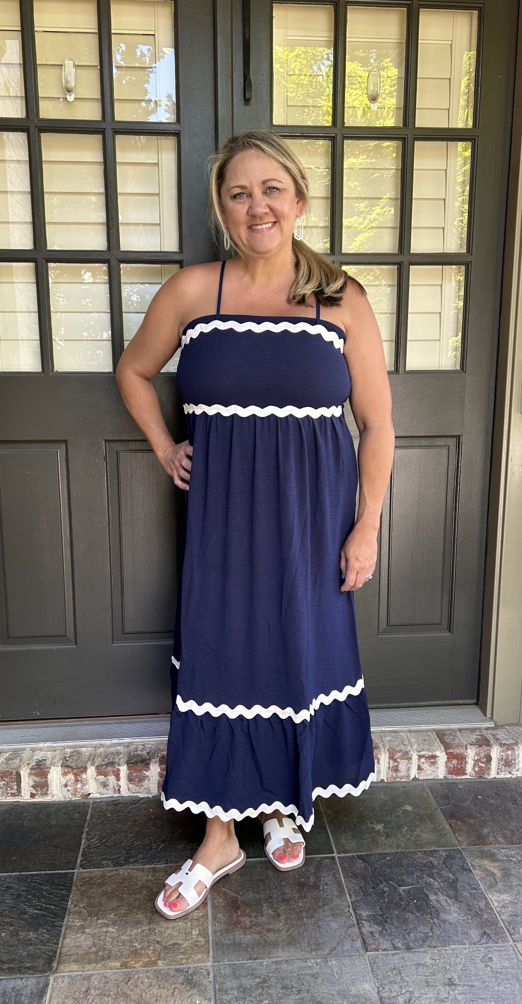 FIT AND FLARE MAXI DRESS WITH RIC RAC TRIM