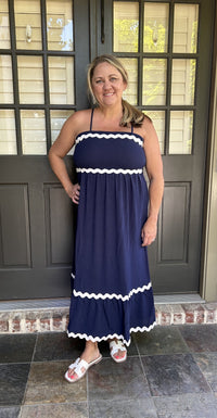 FIT AND FLARE MAXI DRESS WITH RIC RAC TRIM