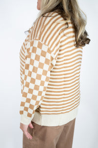 BUTTON DOWN CHECKER STRIPED SWEATER CARDIGAN