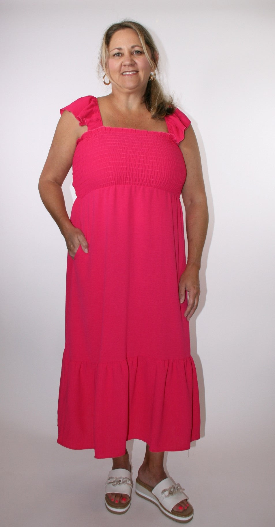 FIT & FLARE FUCHSIA RUFFLE MAXI DRESS