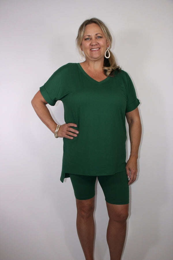 MICROFIBER BRUSHED V-NECK TOP & BIKER SHORT SET