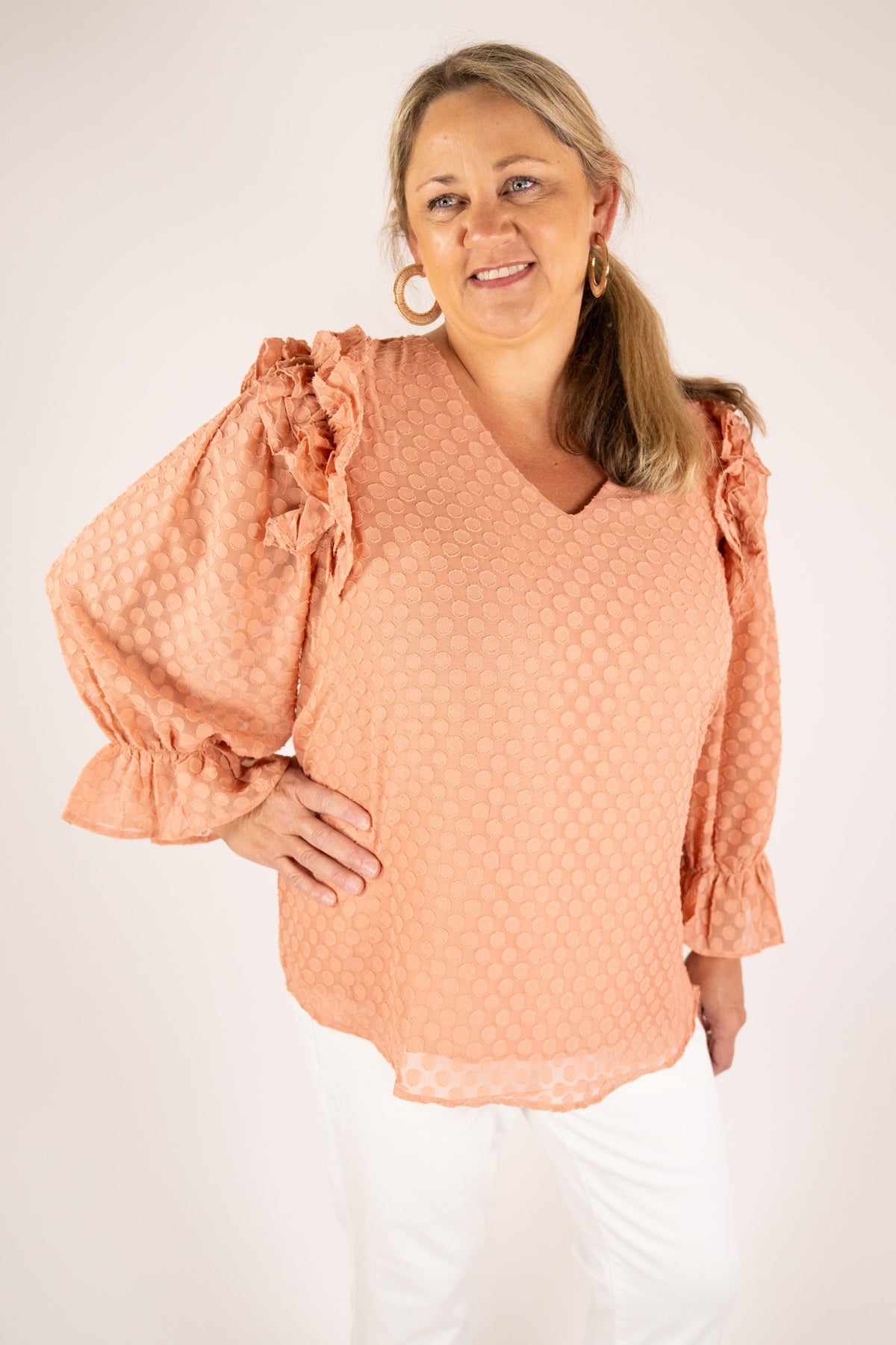 CURVY & REGULAR SIZE RUFFLE DOTTED BLOUSE