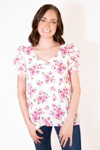 V-NECK PUFF SHORT SLEEVE FLORAL PRINT WOVEN TOP