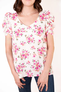 V-NECK PUFF SHORT SLEEVE FLORAL PRINT WOVEN TOP