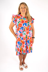 RUFFLE KNEE LENGTH GEOMETRIC FLORAL DRESS