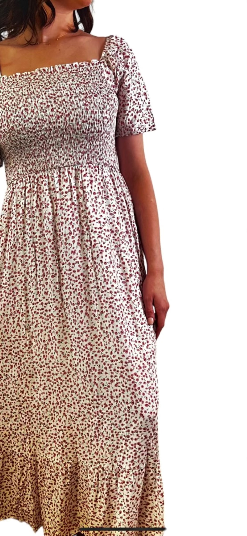 CONVERTIBLE SMOCKED OFF WHITE FLORAL MIDI DRESS