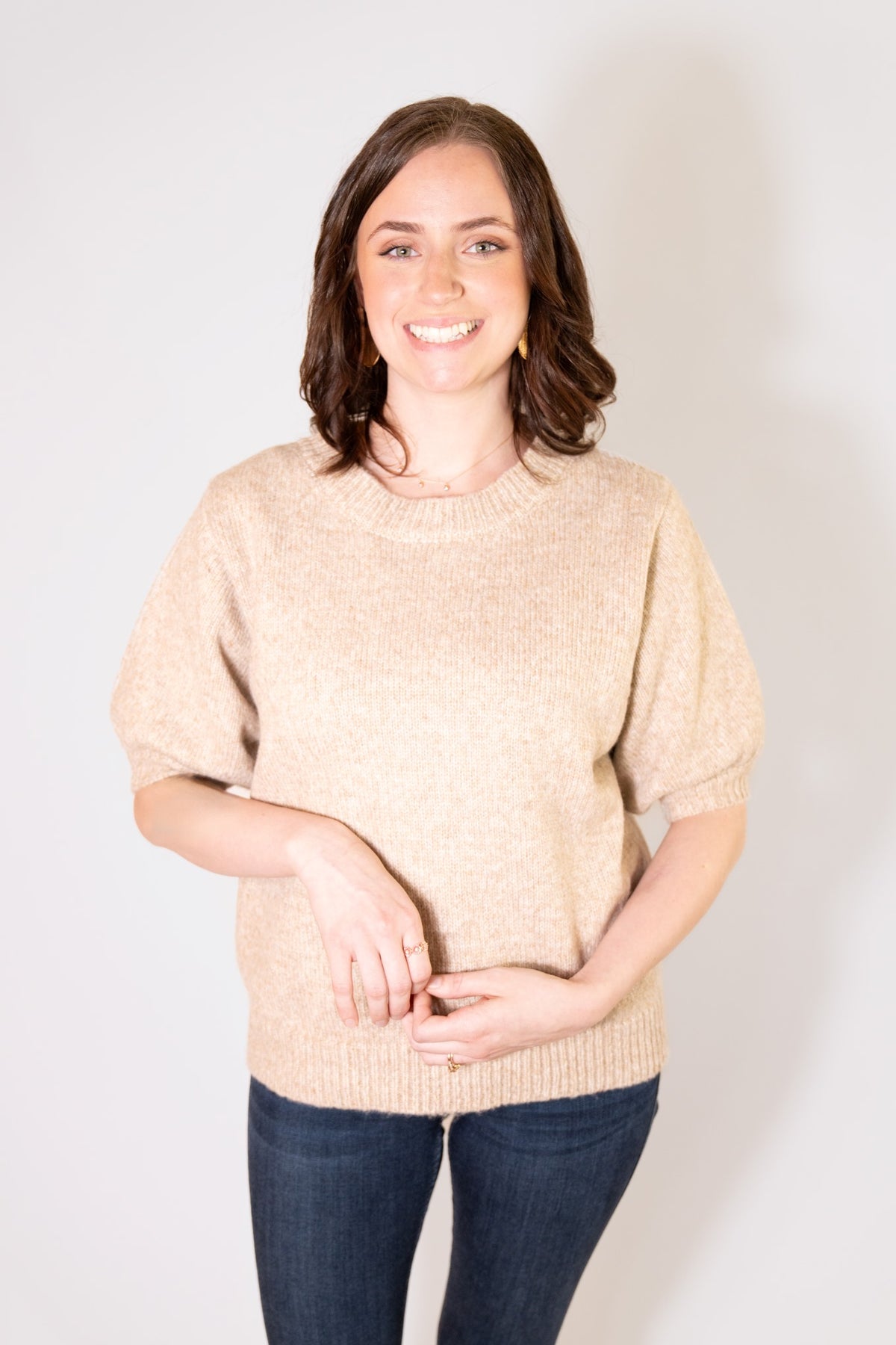 MELANGE PUFF SHORT SLEEVE ROUND NECK SWEATER