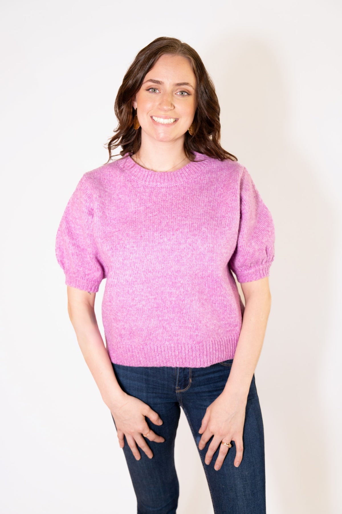 MELANGE PUFF SHORT SLEEVE ROUND NECK SWEATER