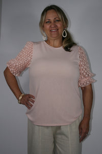 PEACH LACE PUFF SLEEVE TOP