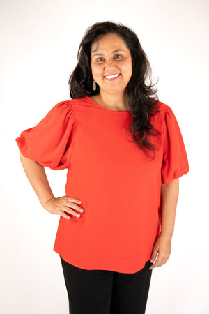 RED BUBBLE SLEEVE WOVEN BLOUSE