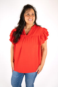 RUFFLE SLEEVE V-NECK BLOUSE