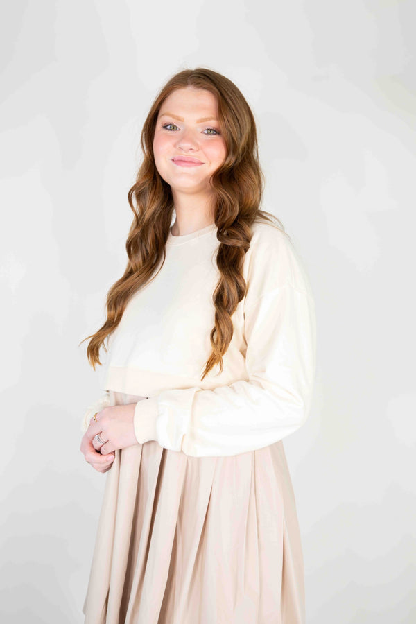BEIGE SWEATSHIRT WOVEN SKIRT DRESS