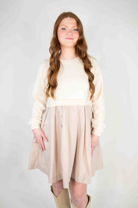 BEIGE SWEATSHIRT WOVEN SKIRT DRESS